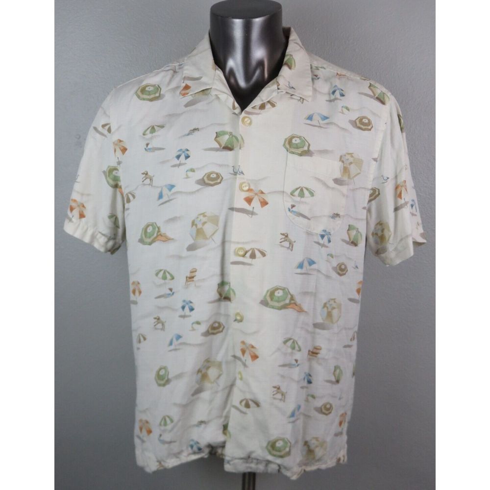 Mens Tommy Bahama Short Sleeve Button Hawaiian Shirt Size L Beach Themed Silk